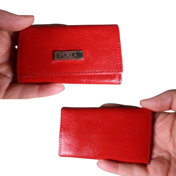 Auth FURLA Key Holder Case Red Leather Tri-fold Snap Button Preppy REFURBISHED - Picture 1 of 7